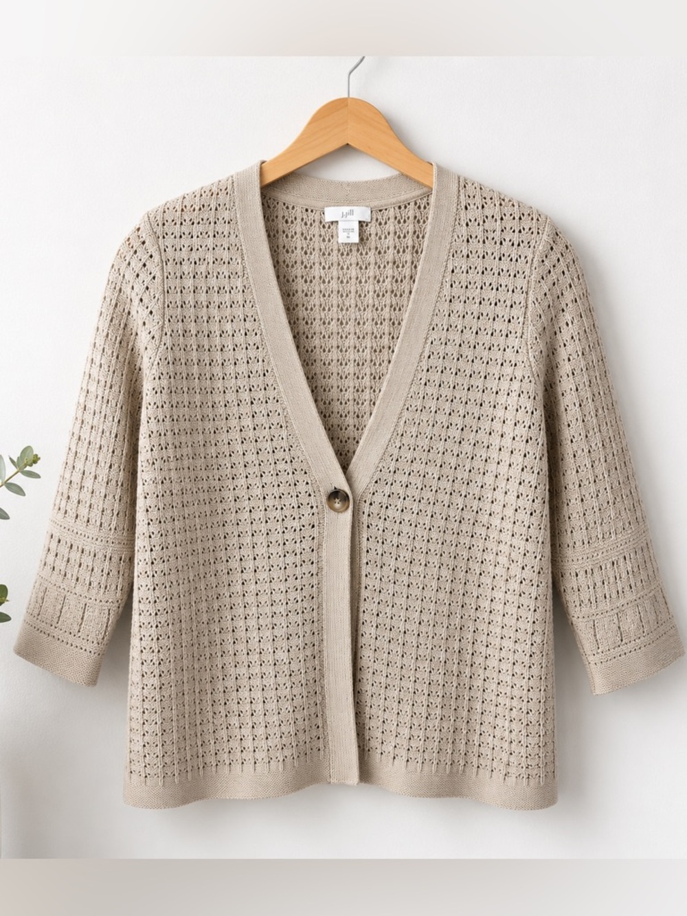 J Jill Open Knit Crochet Cardigan Neutral Beige Small Petite Cottagecore